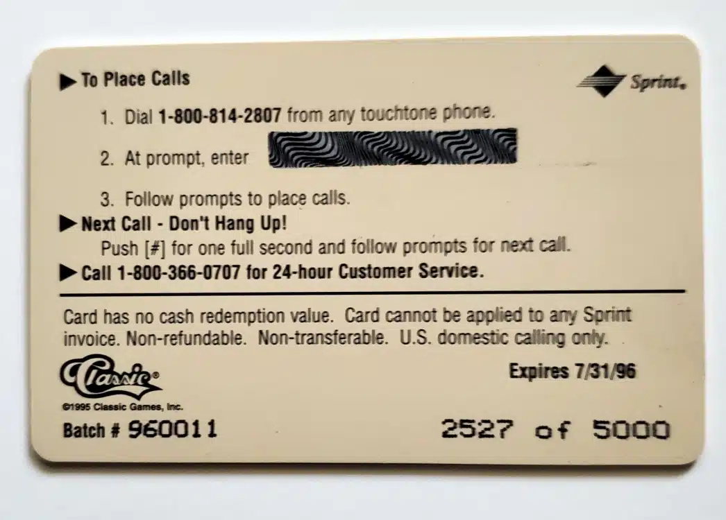 Barry Bonds 5 Dollar Phone Card Classic Assets Gold 1995 Back