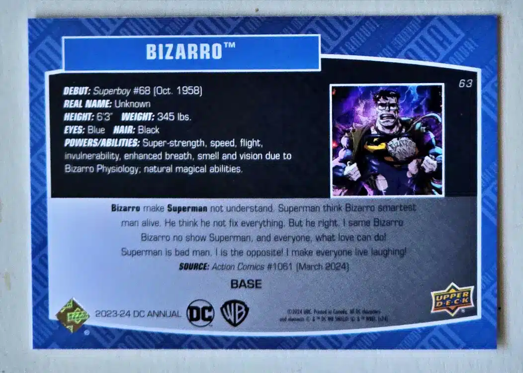 Bizarro Upper Deck 2023-24 Card #63 Back
