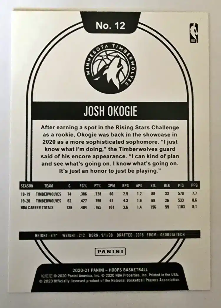 Hoops 2020 Panini Minnesota Timberwolves-Josh Okogie Back