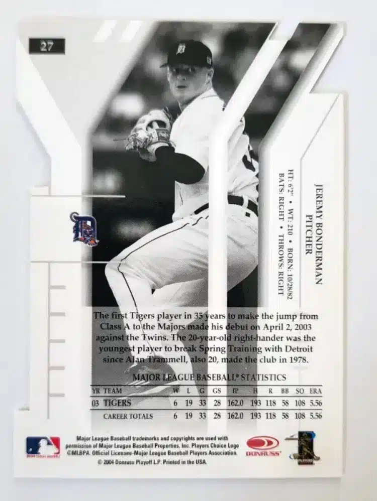 Jeremy Bonderman Donruss Elite 2004 Card# 183 of 250 back