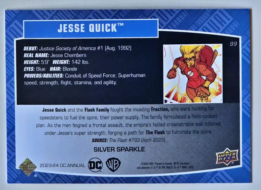 jesse-quick-upper-deck-2023-24-dc-annual-99-silver-sparkle-back Jesse Quick Upper Deck 2023-24 "Silver Sparkle Card #99 Back