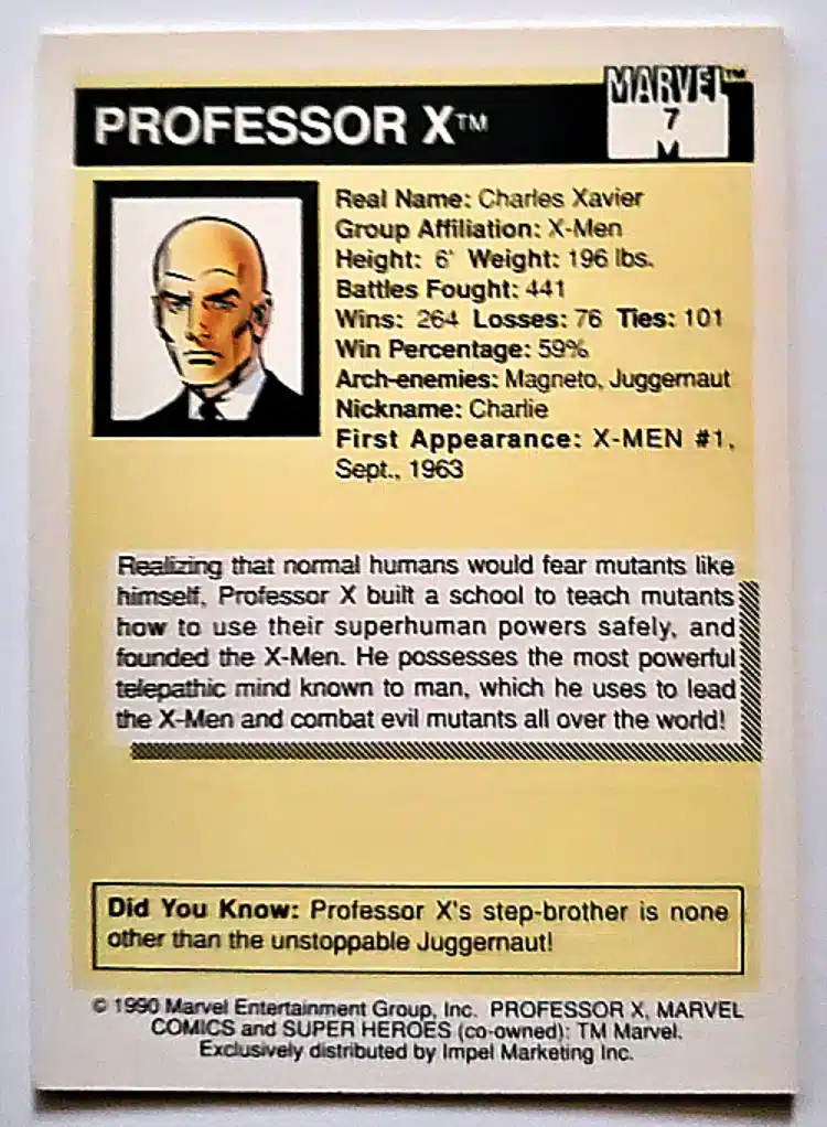 Professor X Impel Marketing 1990 Card #7 back