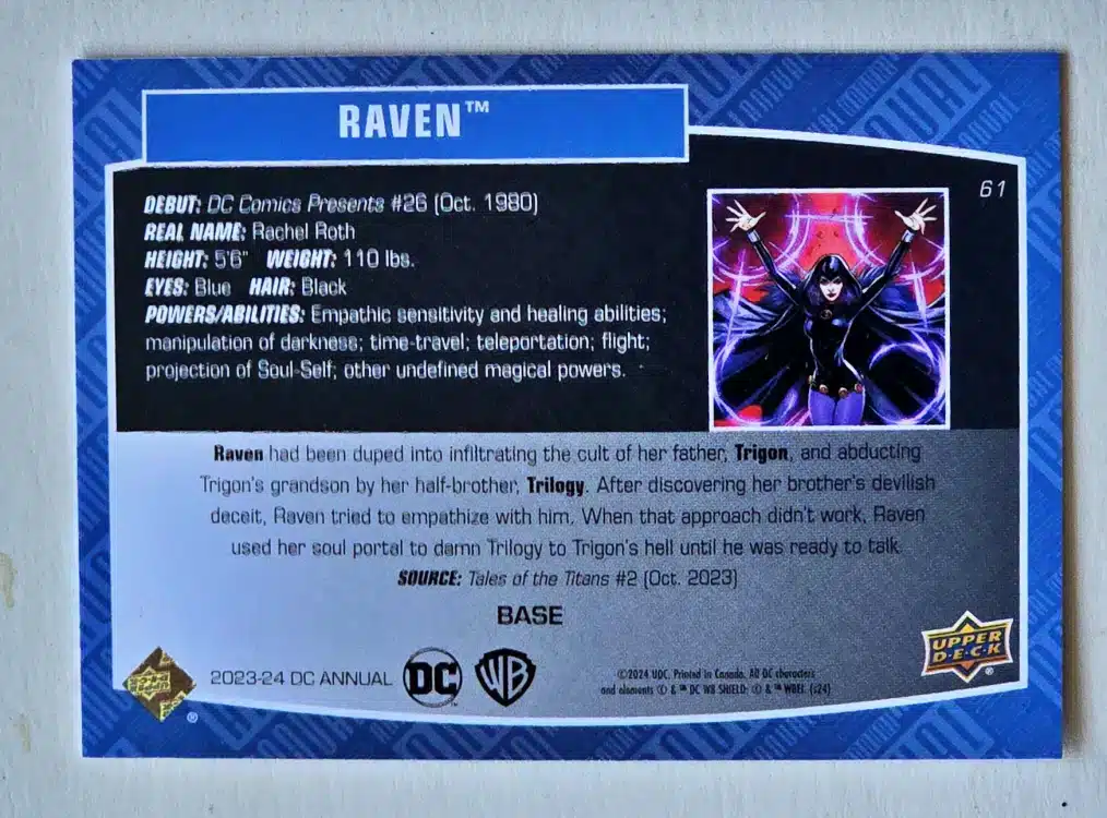 Raven Upper Deck 2023-24 #61 DC Comic Card Back