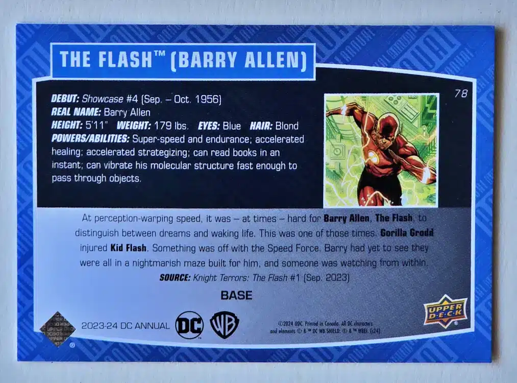 The Flash Barry Allen Upper Deck 2023-24 Card #78 Back
