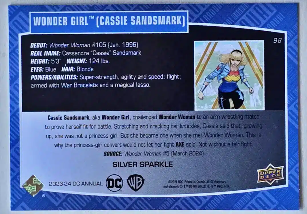 wonder-girl-cassie-sansmark-upper-deck-2023-24-dc-annual-98-silver-sparkle-back Wonder Girl Cassie Sandsmark Upper Deck 2023-24 "Silver Sparkle Card #98 Back