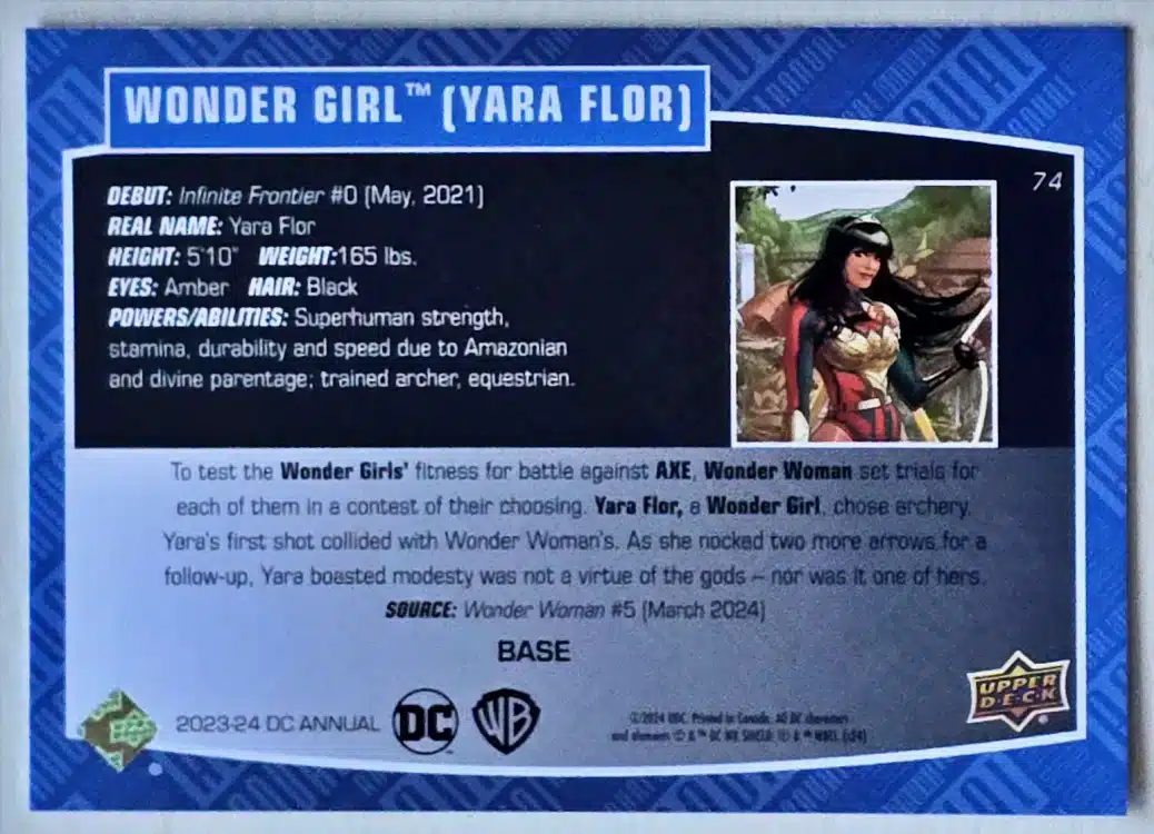 Wonder Girl Yara Flor Upper Deck 2023-24 #74 DC Comic Card Back