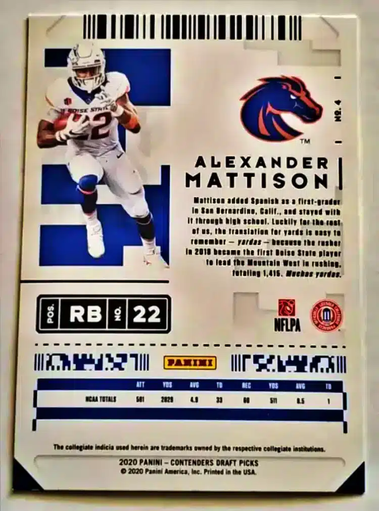 Alexander Mattison Panini Contenders Draft Picks 2020 Card#4 Back