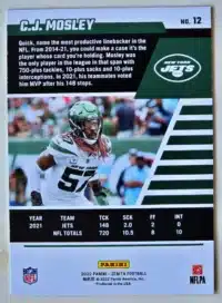 C.J. Mosley Panini Zenith 2022 Card #12 New York Jets Back
