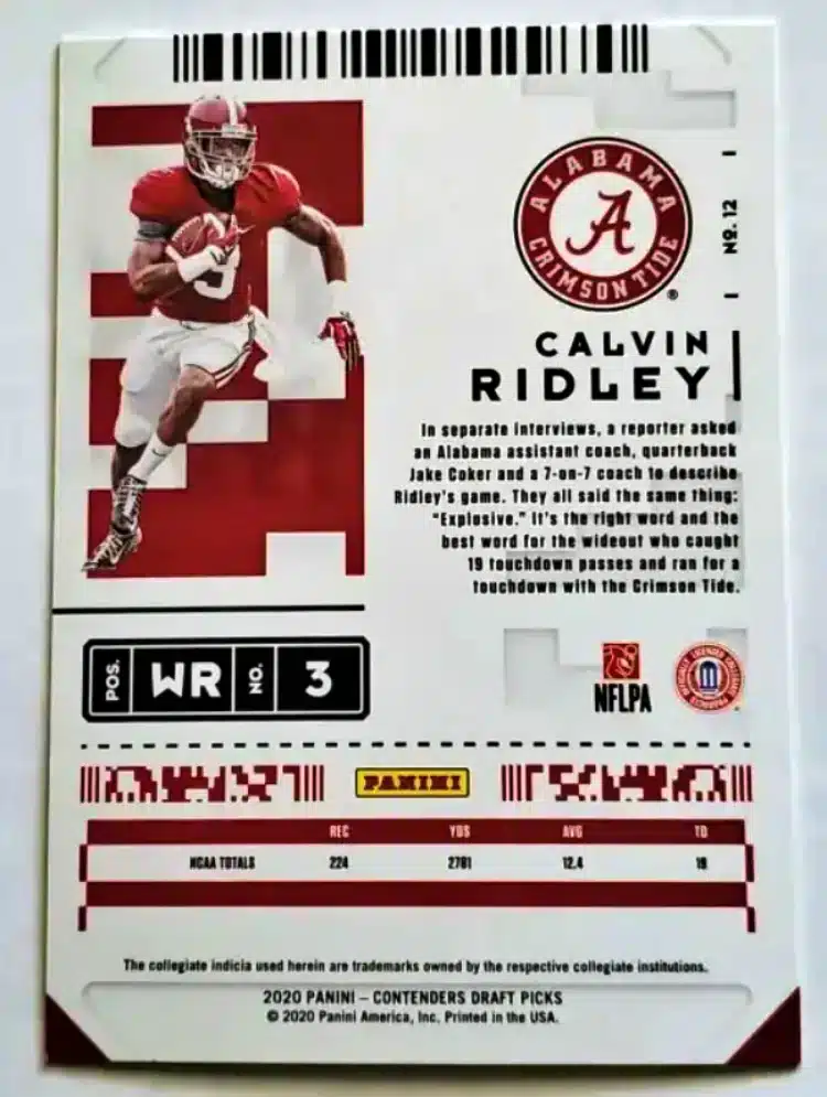 Calvin Ridley Panini Contenders Draft Picks 2020 Card#12 Back