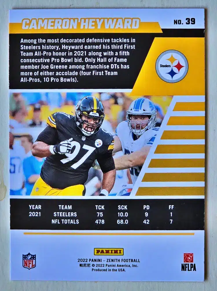 cameron-heyward-panini-zenith-2022-39-back Cameron Heyward Panini Zenith 2022 Card #39 Pittsburgh Steelers Back
