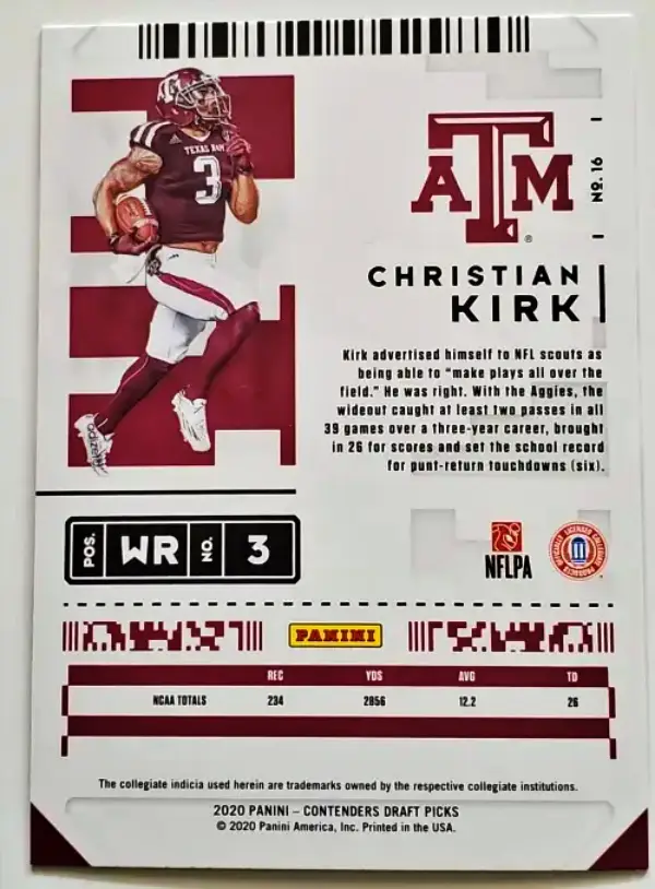 Christian Kirk Panini Contenders Draft Picks 2020 #16 Back