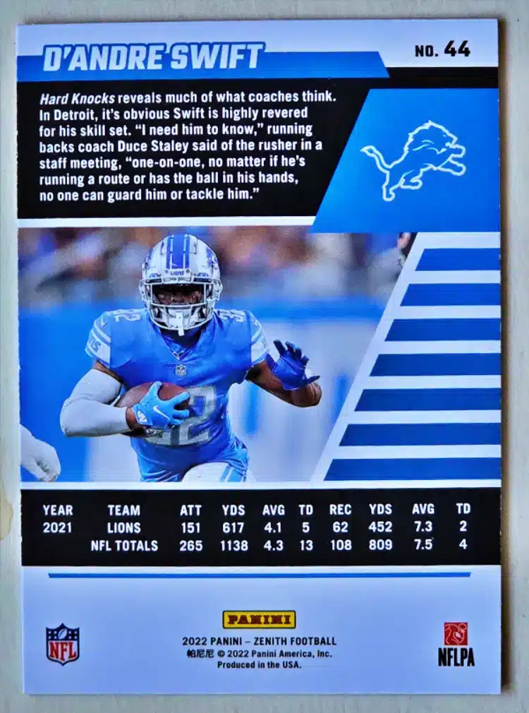 D'Andre Swift Panini Zenith 2022 Card #44 Detroit Lions Back