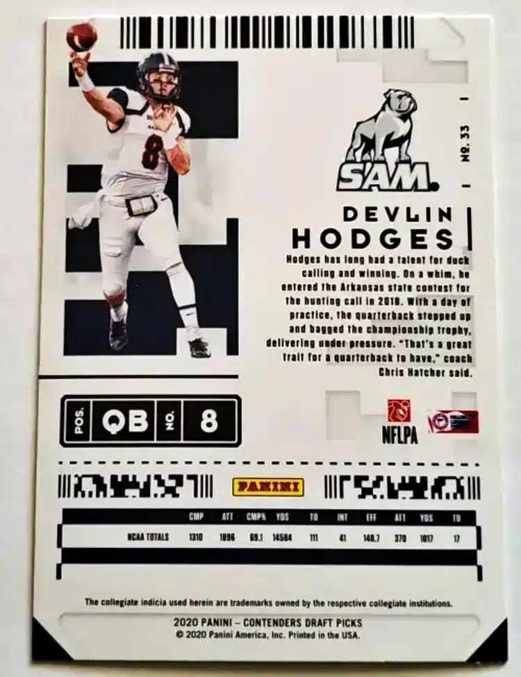 Devin Hodges Panini Contenders Draft Picks 2020 Card#33 Back