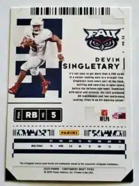 Devin Singletary Panini Contenders Draft Picks 2020 Card#32 Back