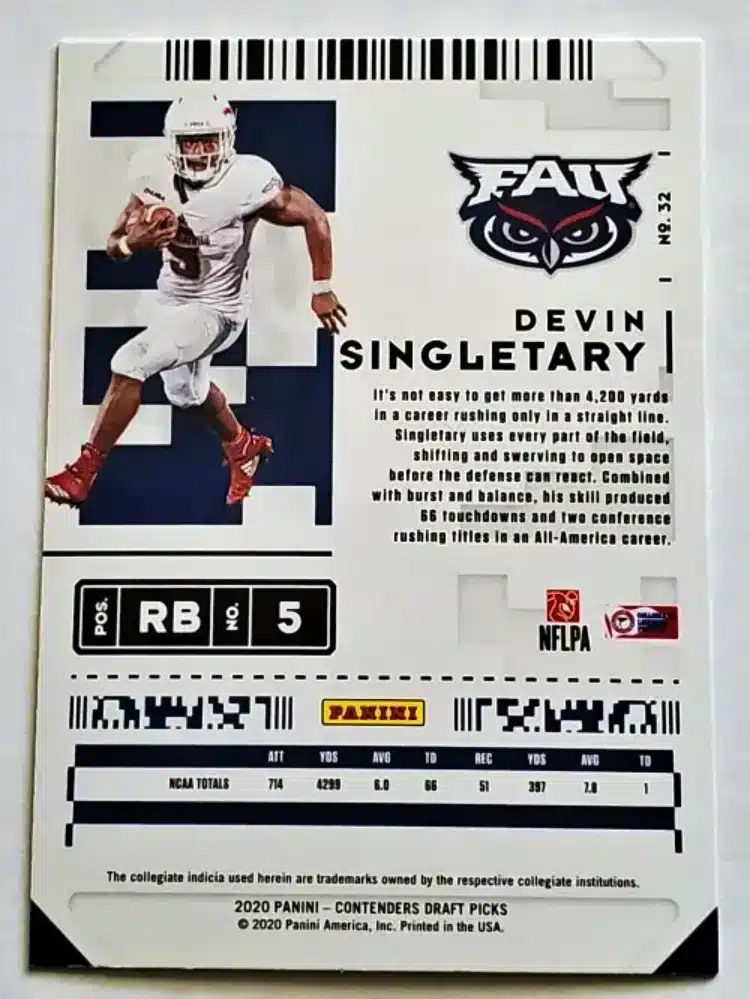 Devin Singletary Panini Contenders Draft Picks 2020 Card#32 Back