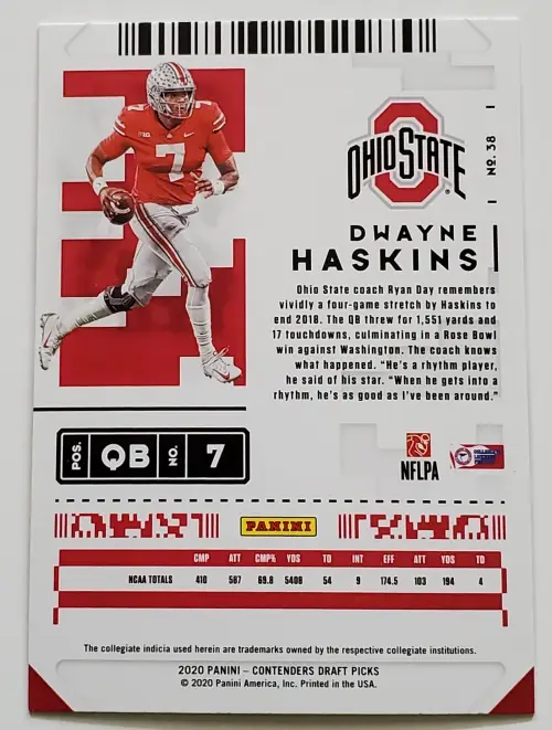 Dwayne Haskins Panini Contenders Draft Picks 2020 #38 Back