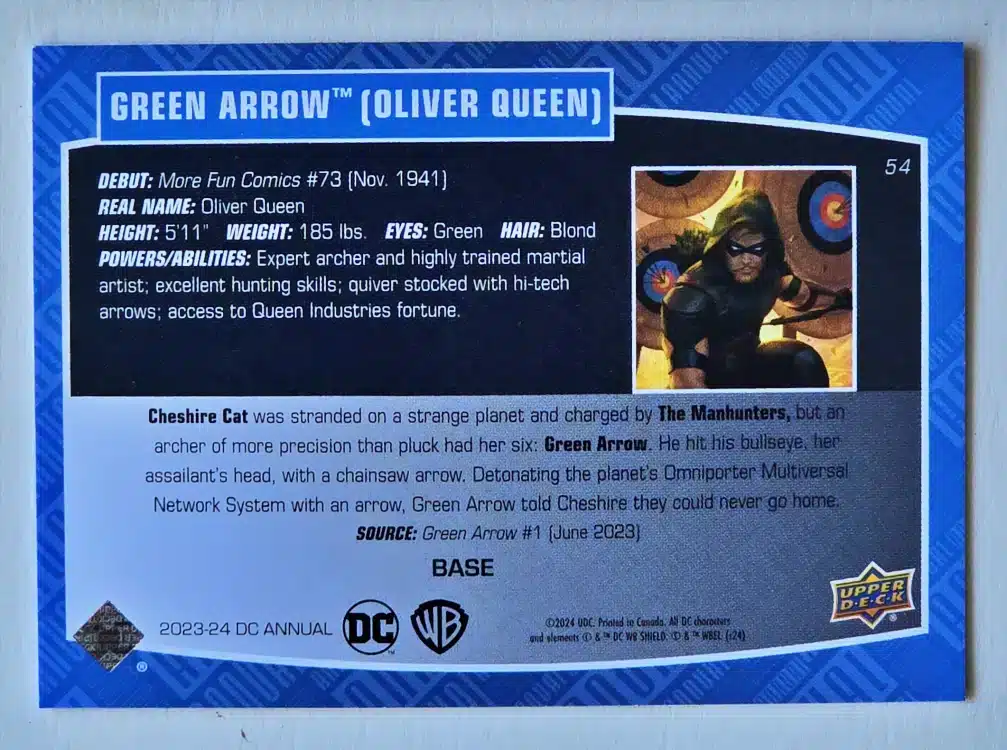Green Arrow Oliver Queen Upper Deck 2023-24 Card #54 Back