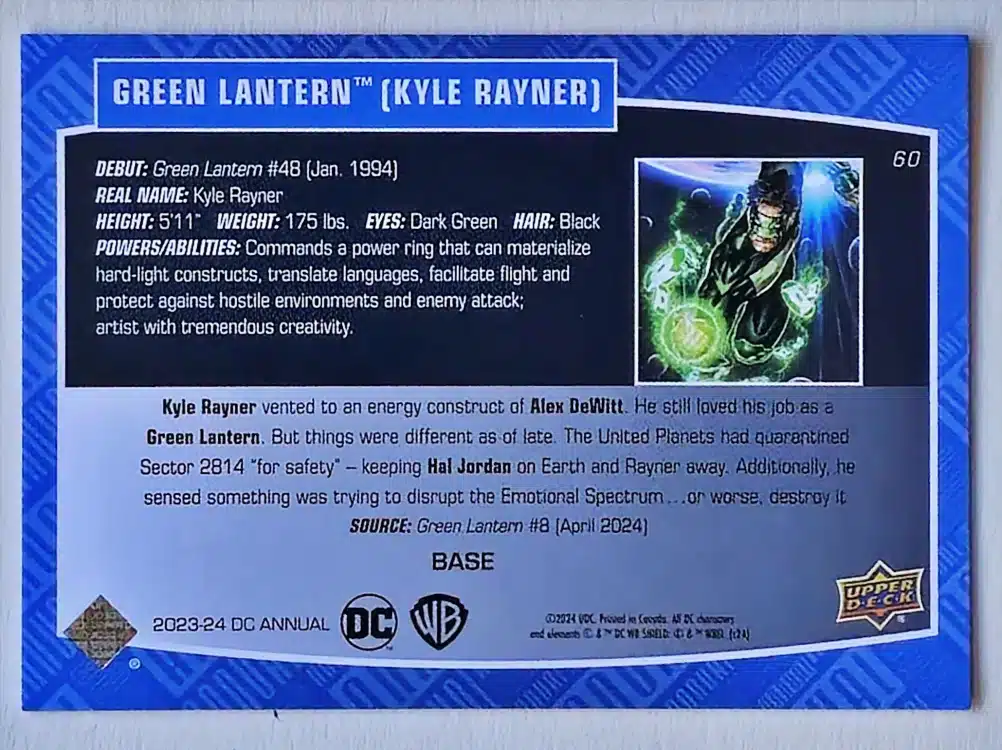 Green Lantern Kyle Rayner Upper Deck 2023-24 Card #60 back