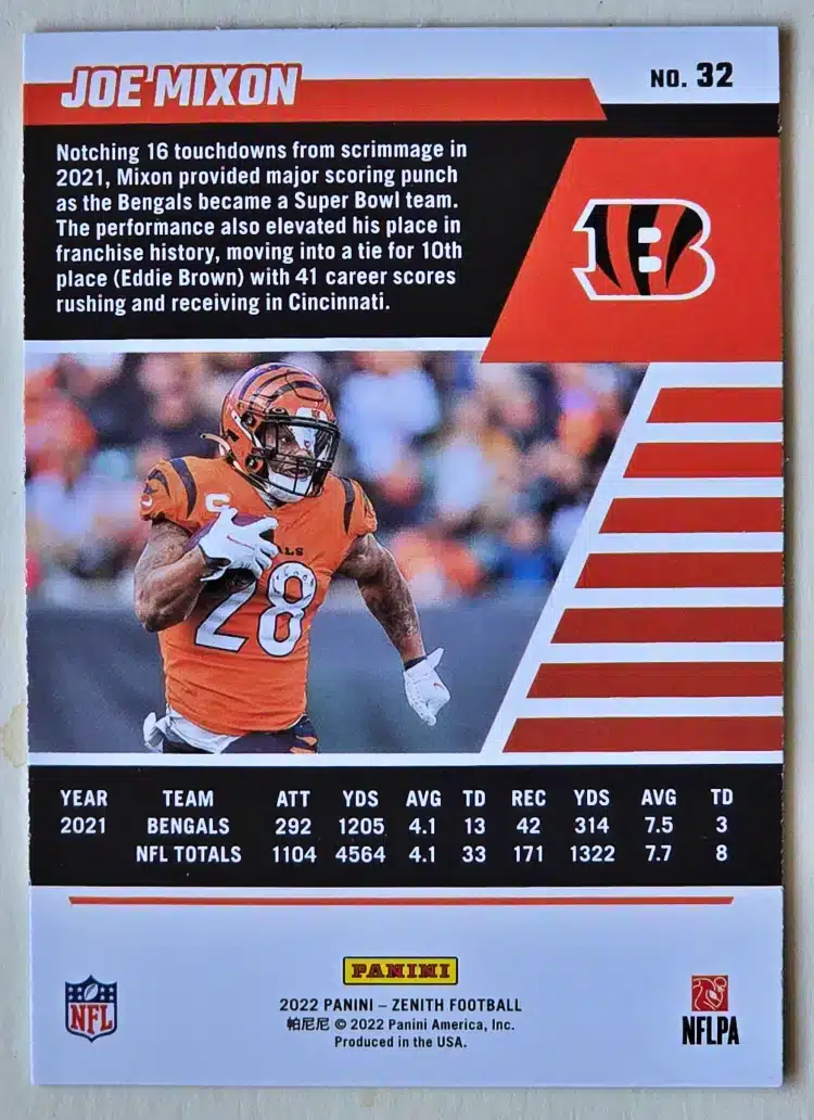 Joe Mixon Panini Zenith 2022 Card #32 Cincinnati Bengals Back