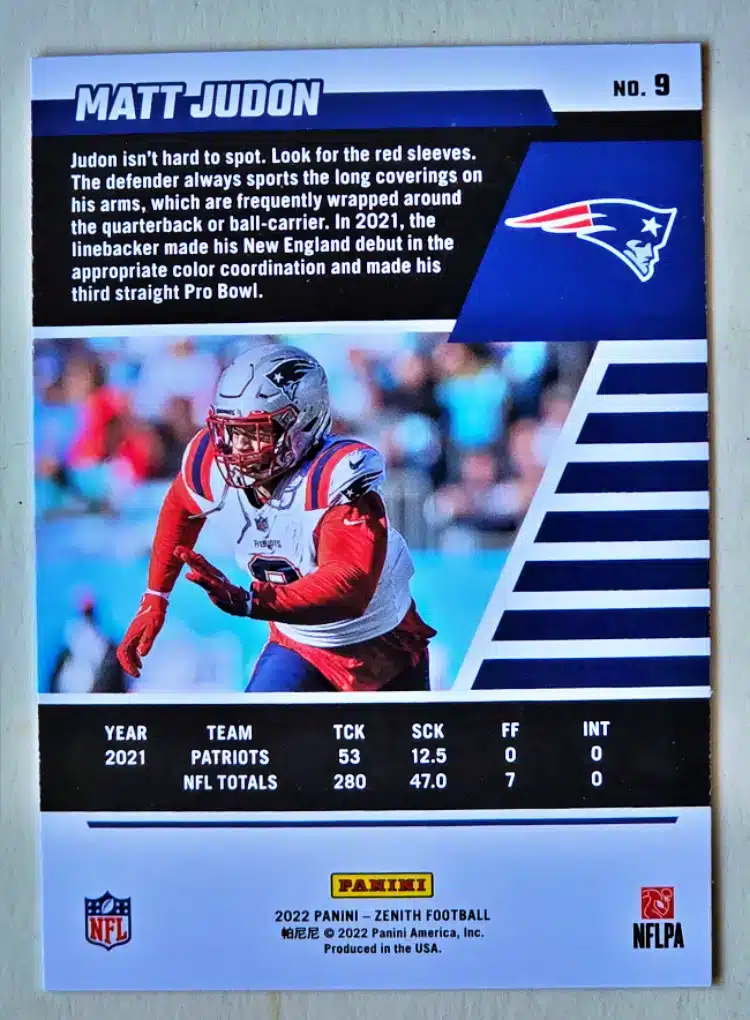 Matt Judon Panini Zenith 2022 Card #9 New England Patriots Back