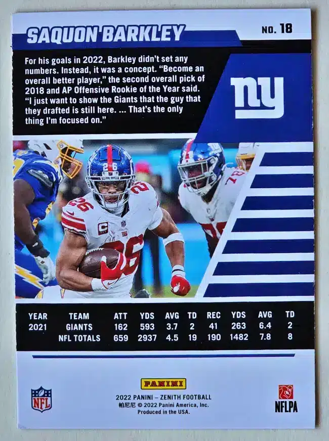 Saquon Barkley Panini Zenith 2022 Card#18 Back