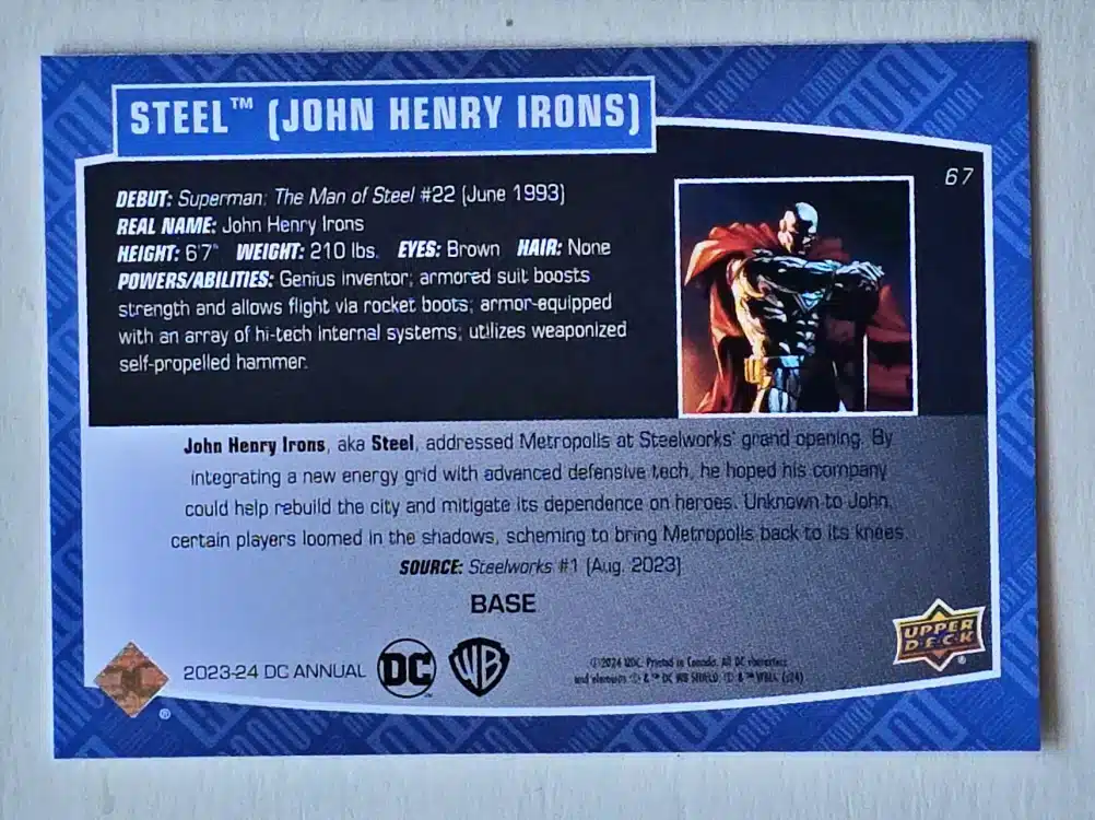 Steel John Henry Irons Upper Deck 2023-24 Card #67 Back