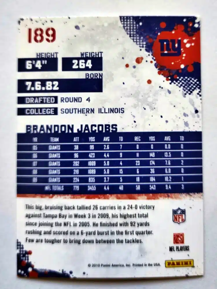 Brandon Jacobs Score 2010 Card #189 Back