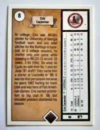 Cris Carpenter Upper Deck 1989 Card #8 Back