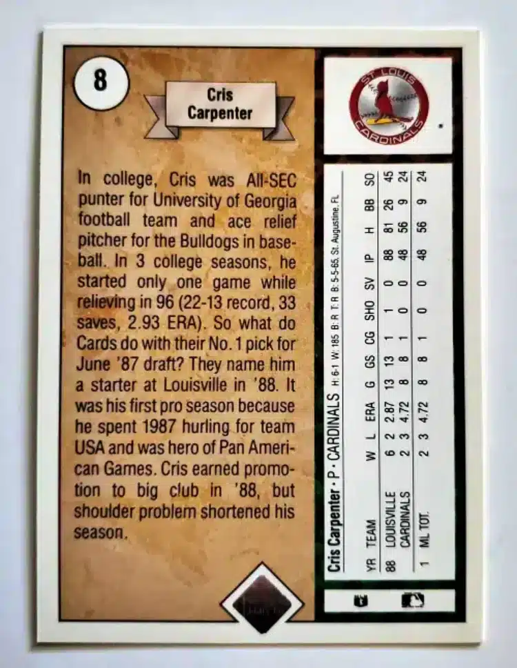 Cris Carpenter Upper Deck 1989 Card #8 Back