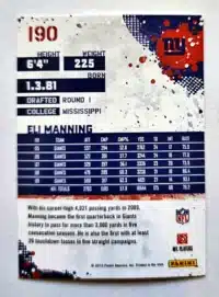 Eli Manning Score 2010 Card #190 Quarterback Back