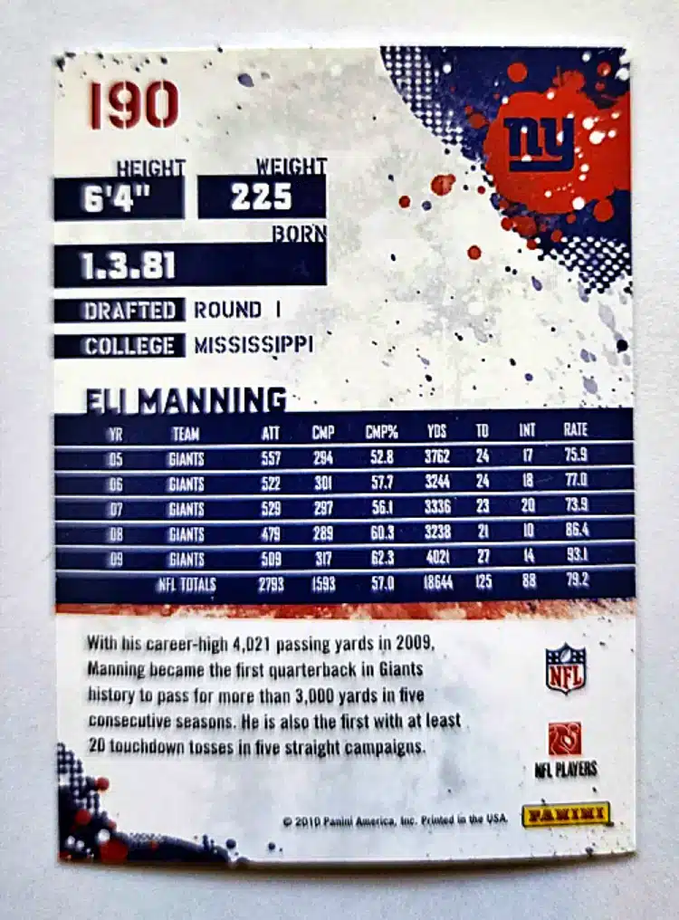 Eli Manning Score 2010 Card #190 Quarterback Back