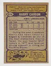 Harry Carson Topps 1979 Card #515 Back