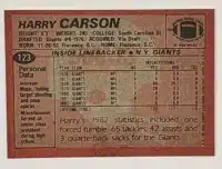 Harry Carson Topps 1983 Card #123 Back