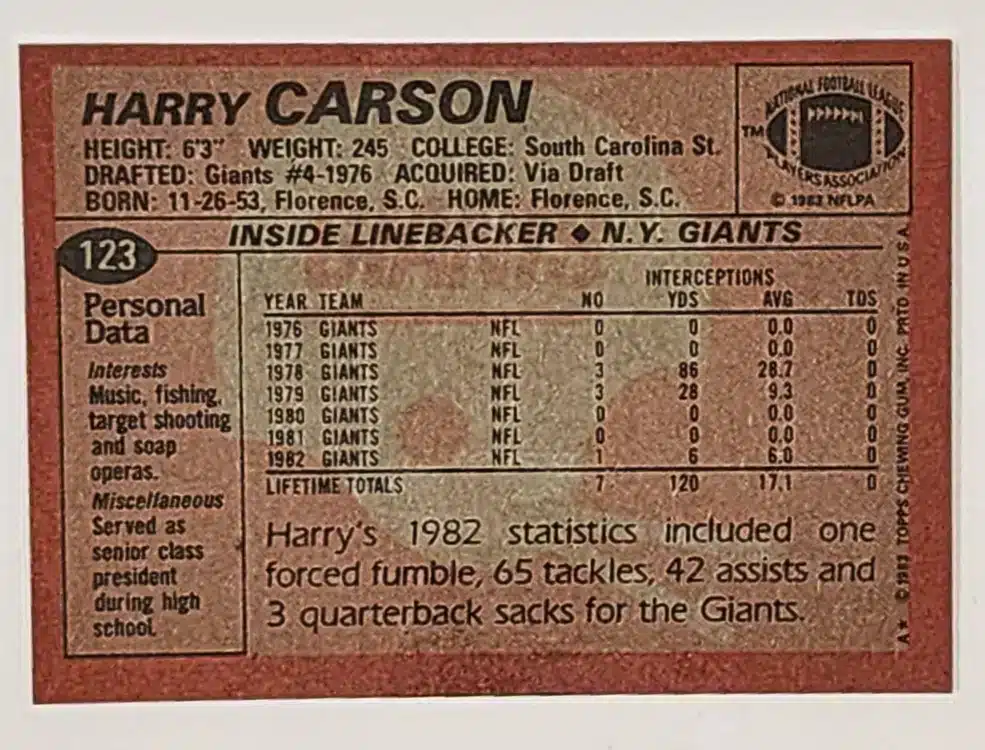 Harry Carson Topps 1983 Card #123 Back