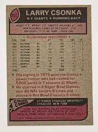 Larry Csonka Topps 1977 Card #505 back