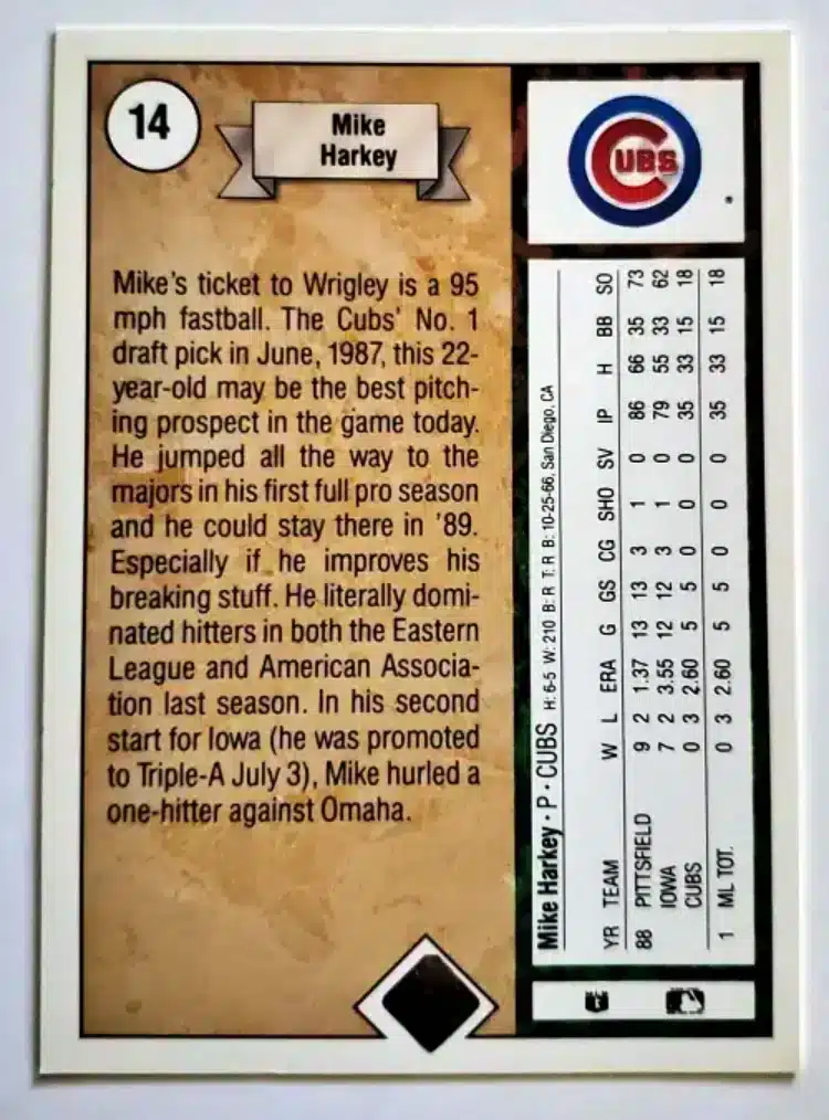 Mike Harkey Santos Upper Deck 1989 Card #14 back