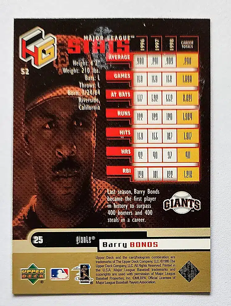 Barry Bonds HoloGrFX Upper Deck 1999 Card #52 San Francisco Giants