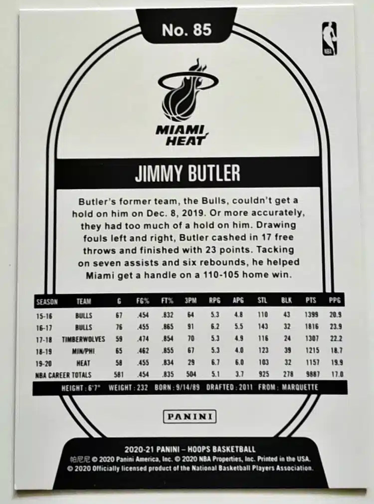 Jimmy Butler Hoops 2020 Card #85 Back