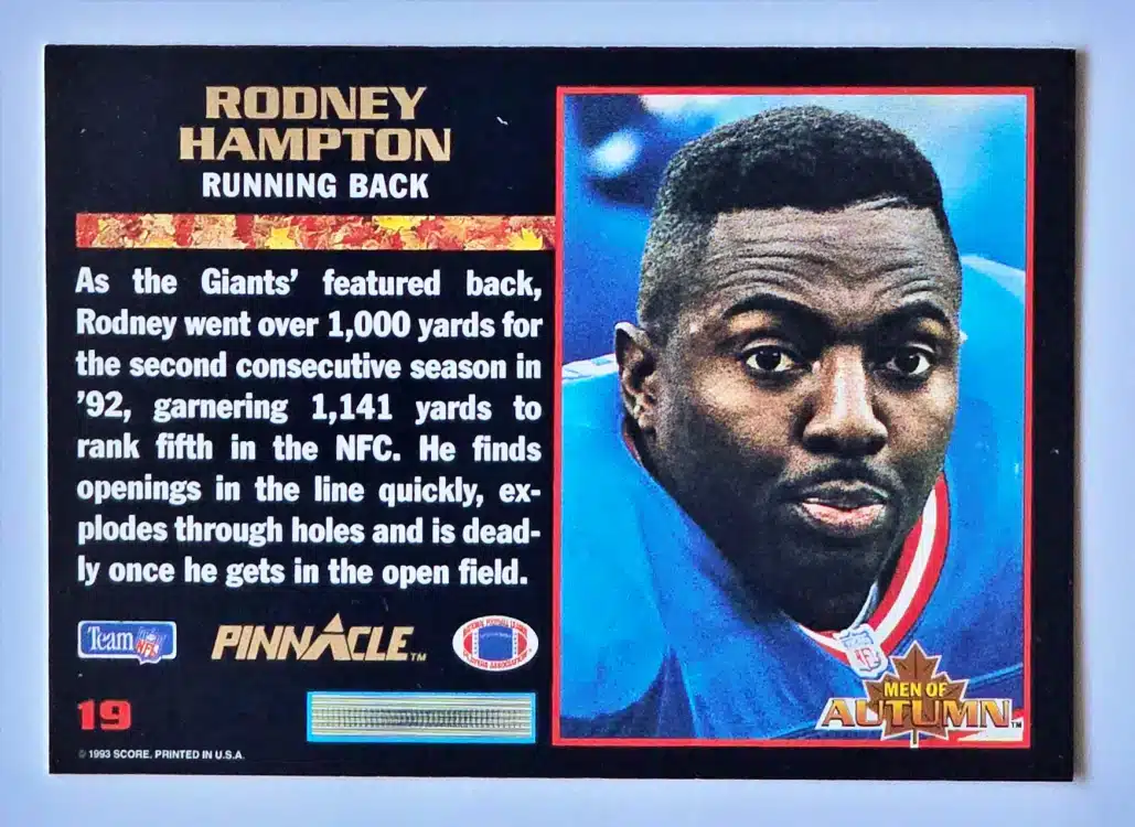Rodney Hampton Pinnacle 1993 Card #19 Back
