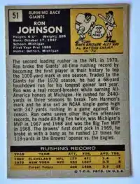 Ron Johnson Topps 1971 Card #51 Back