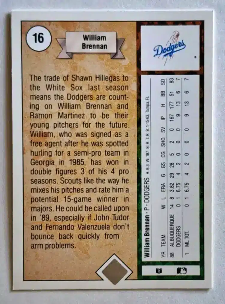 William Brennan Upper Deck 1989 MLB Card #16 Back