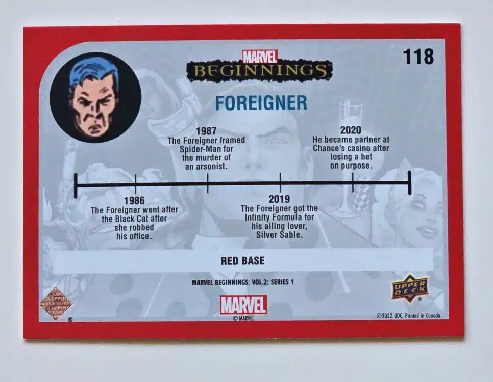 foreigner-marvel-blood-beginnings-upper-deck-2022-118-red-border-back Foreigner Marvel Beginnings 2022 Vol 2 Series 1 Red Card #118 Back