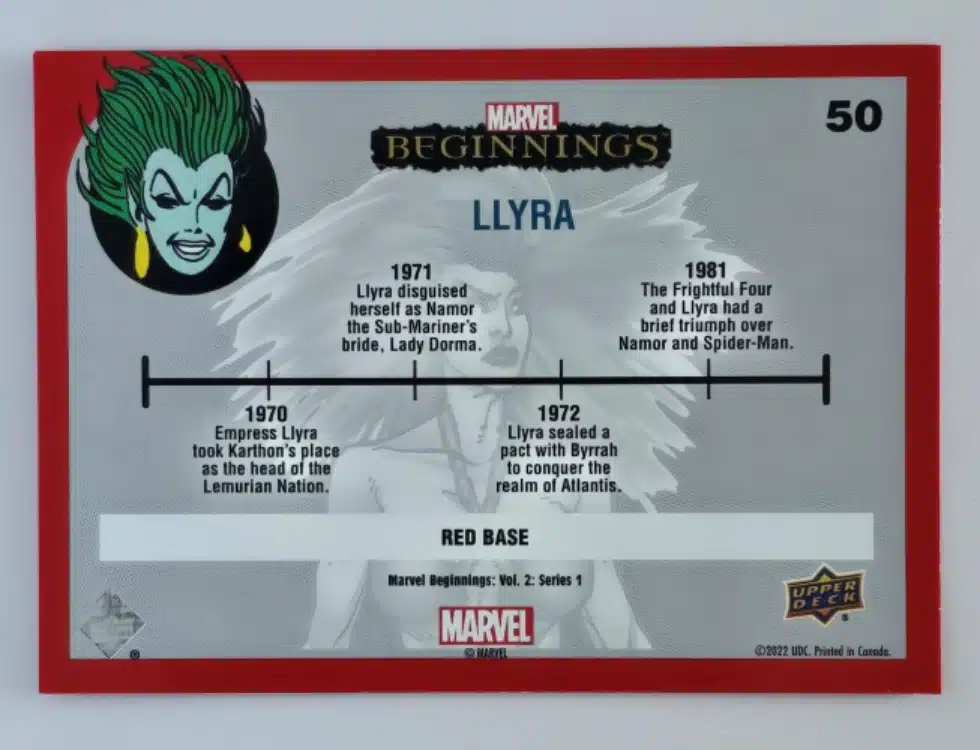 llyra-marvel-beginnings-upper-deck-2022-50-red-border-back Llyra Marvel Beginnings 2022 Vol 2 Series 1 Red Card #50 Back
