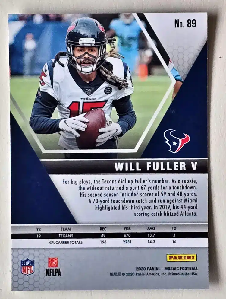 Will Fuller V Panini Mosaic 2020 Card #89 – Houston Texans NFL Trading Card Back