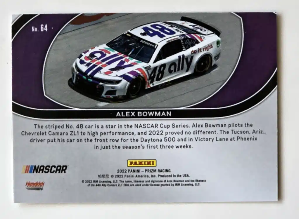 Alex Bowman Panini Prizm 2022 Racing NASCAR #64 Back
